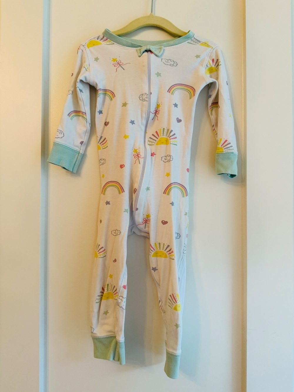 Kids One-Piece Pajama - Pastel Rainbow & Sun Print, Mint Trim